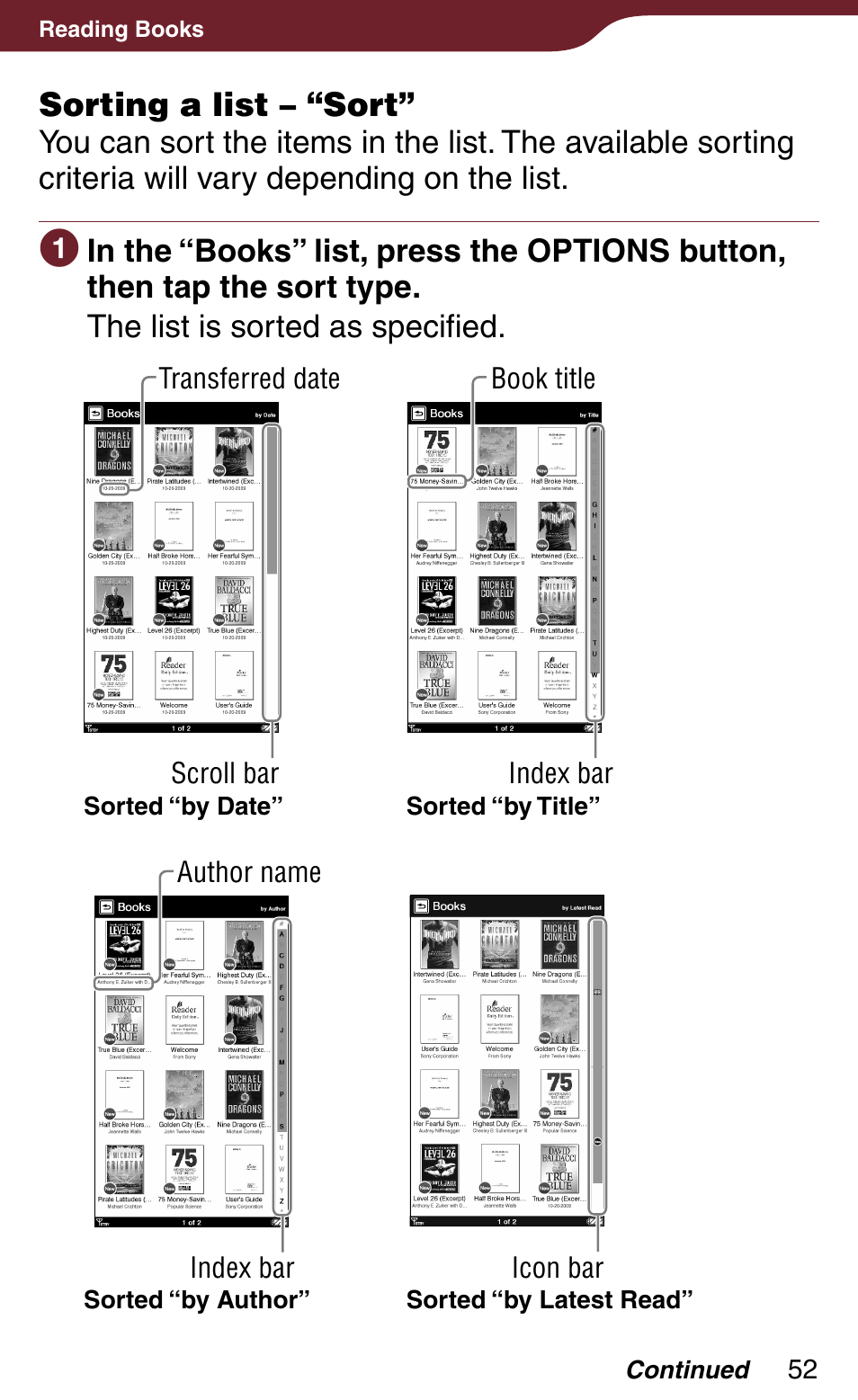 Y date”), Sorting a list – “sort | Sony Reader Daily Edition PRS-900BC User Manual | Page 52 / 202