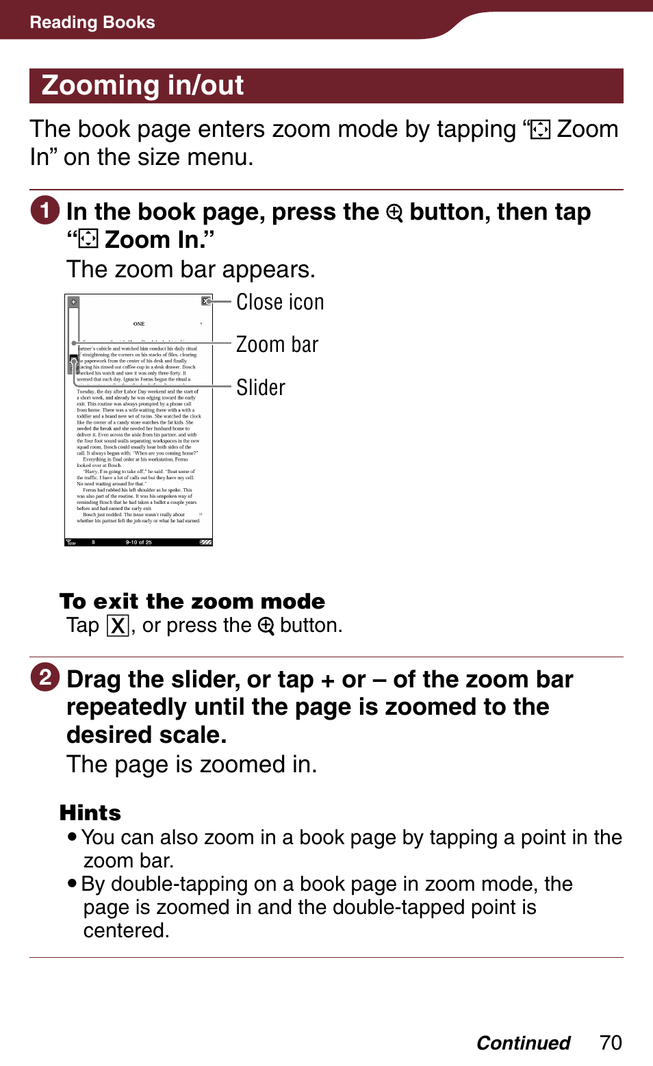 Zooming in/out | Sony Reader Daily Edition PRS-900BC User Manual | Page 70 / 202