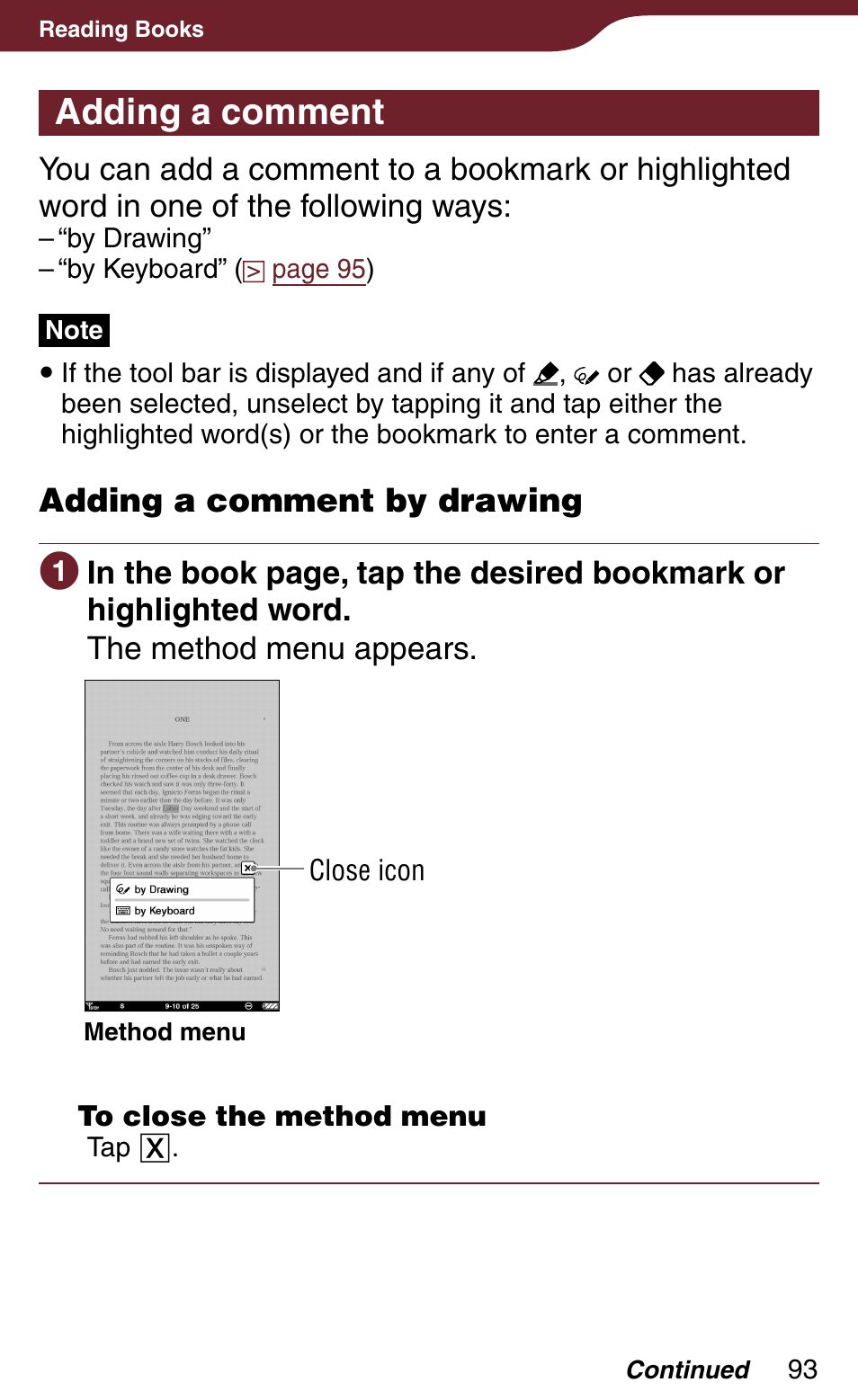 Adding a comment, Or the comment vie, Adding a comment by drawing | Sony Reader Daily Edition PRS-900BC User Manual | Page 93 / 202