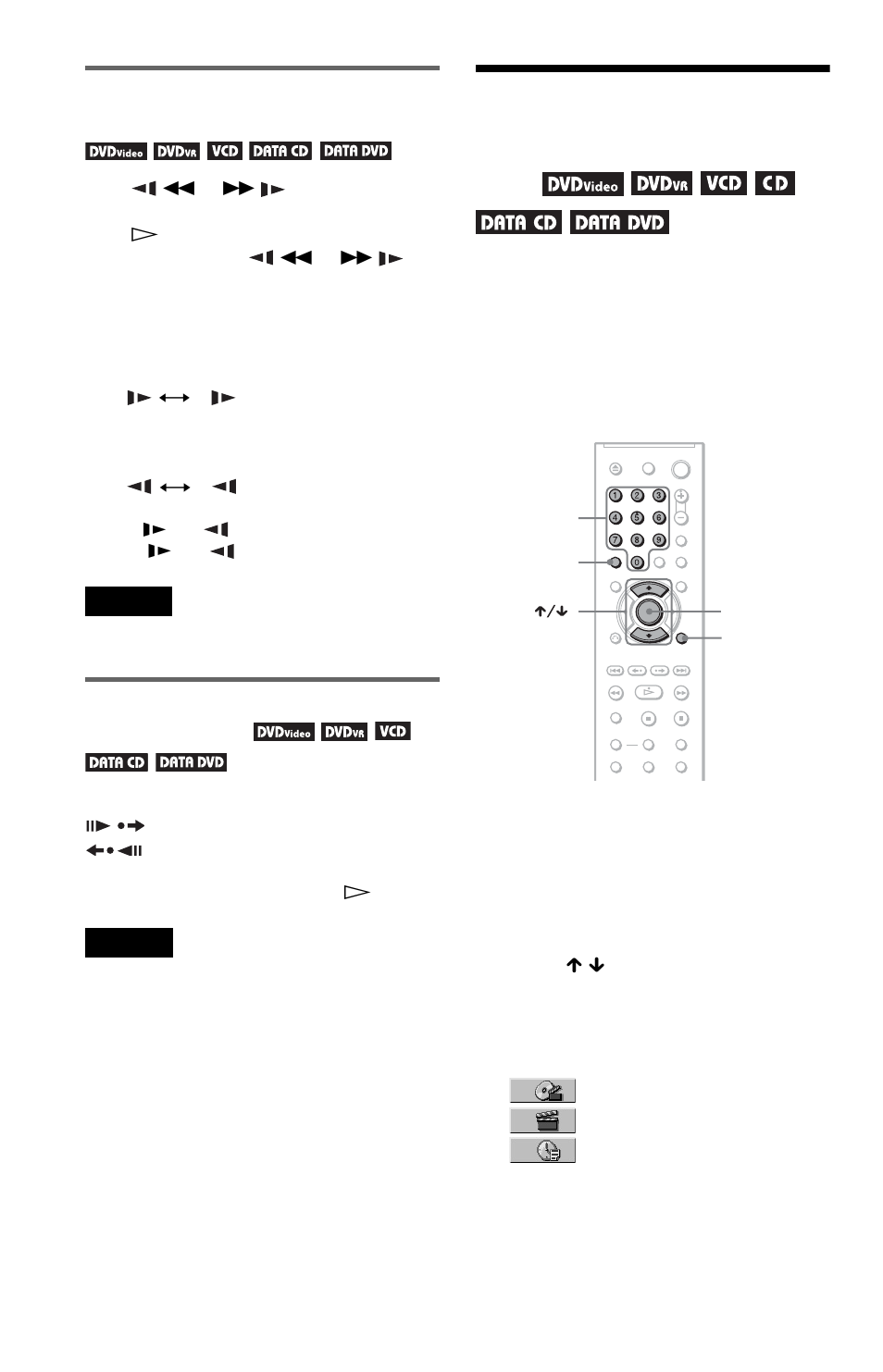 Searching for a title/chapter/track/scene, etc, Searching for a title/ chapter/track/scene, etc, Watching frame by frame (slow-motion play) | Playing one frame at a time (freeze frame) | Sony DVP-NS36 User Manual | Page 32 / 76