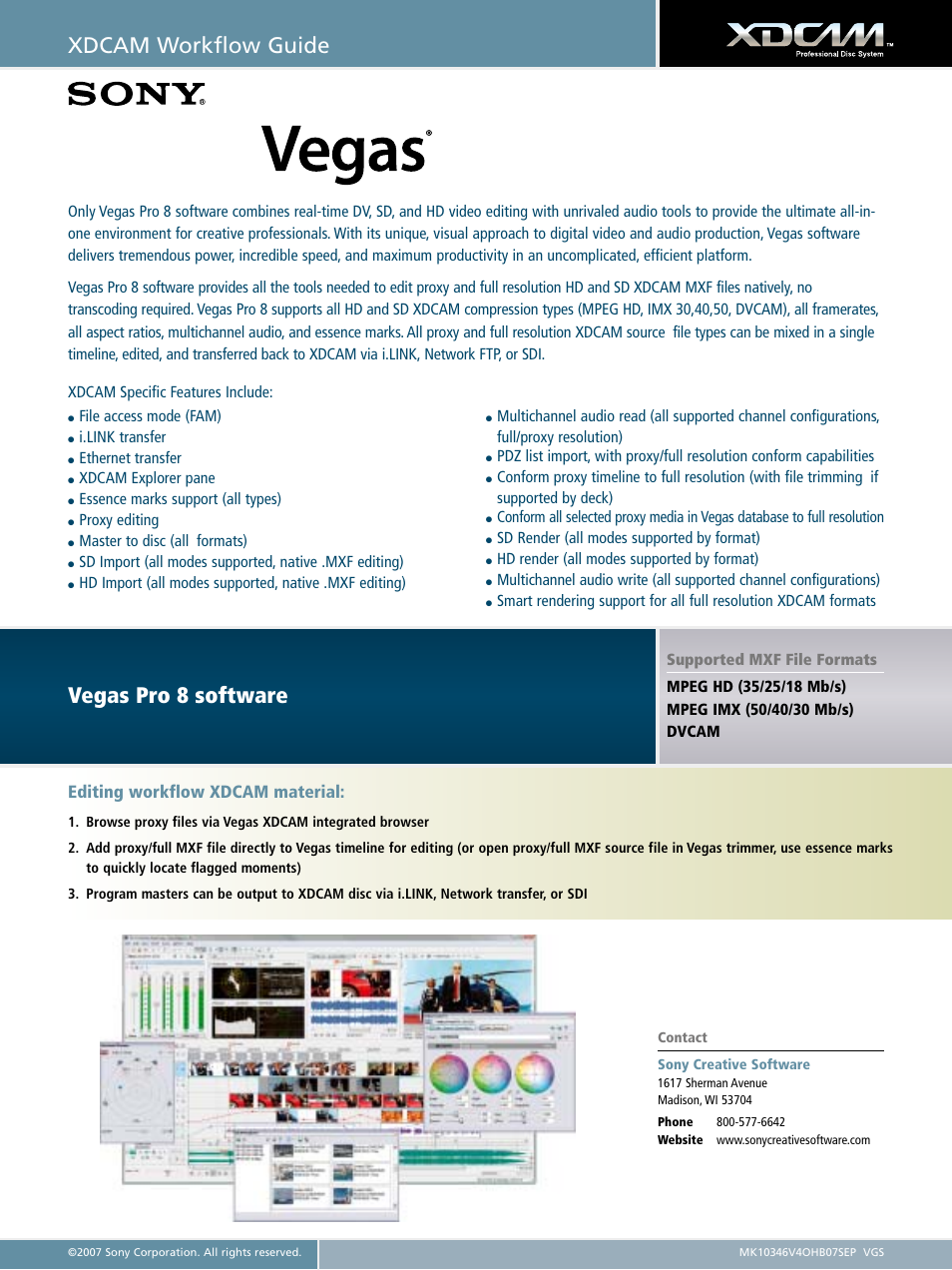 Xdcam workflow guide, Vegas pro 8 software, Editing workflow xdcam material | Sony XDCAM User Manual | Page 24 / 28