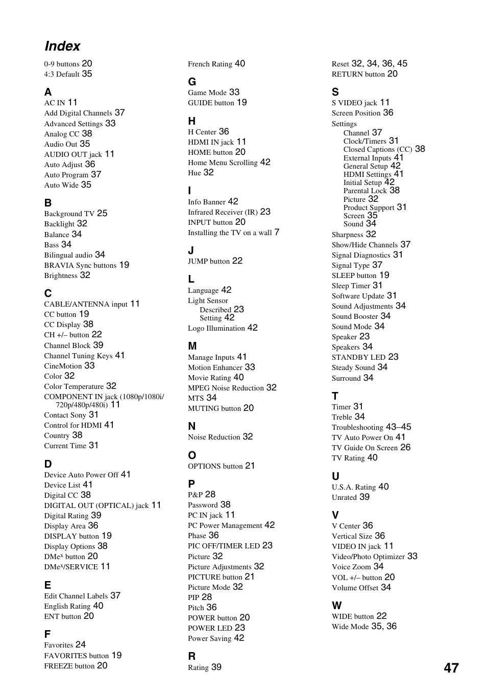 Index, 47 index | Sony FOUND NOT KDL-52V4100 User Manual | Page 47 / 48