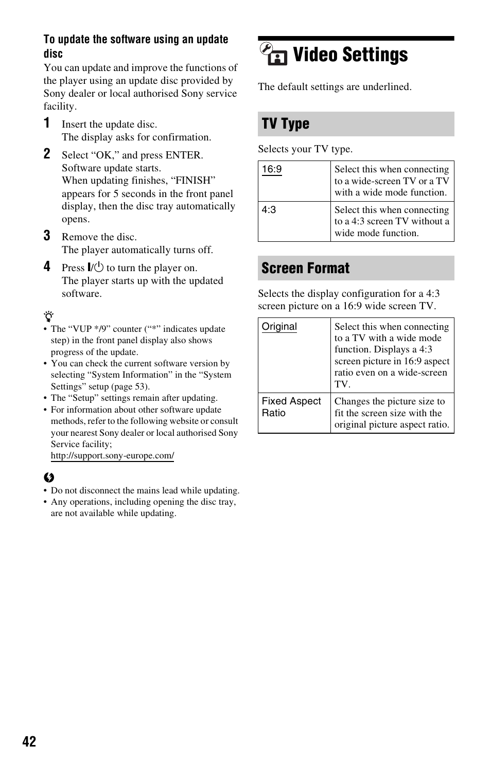 Video settings, Tv type, Screen format | Sony 3-452-779-12(1) User Manual | Page 42 / 75