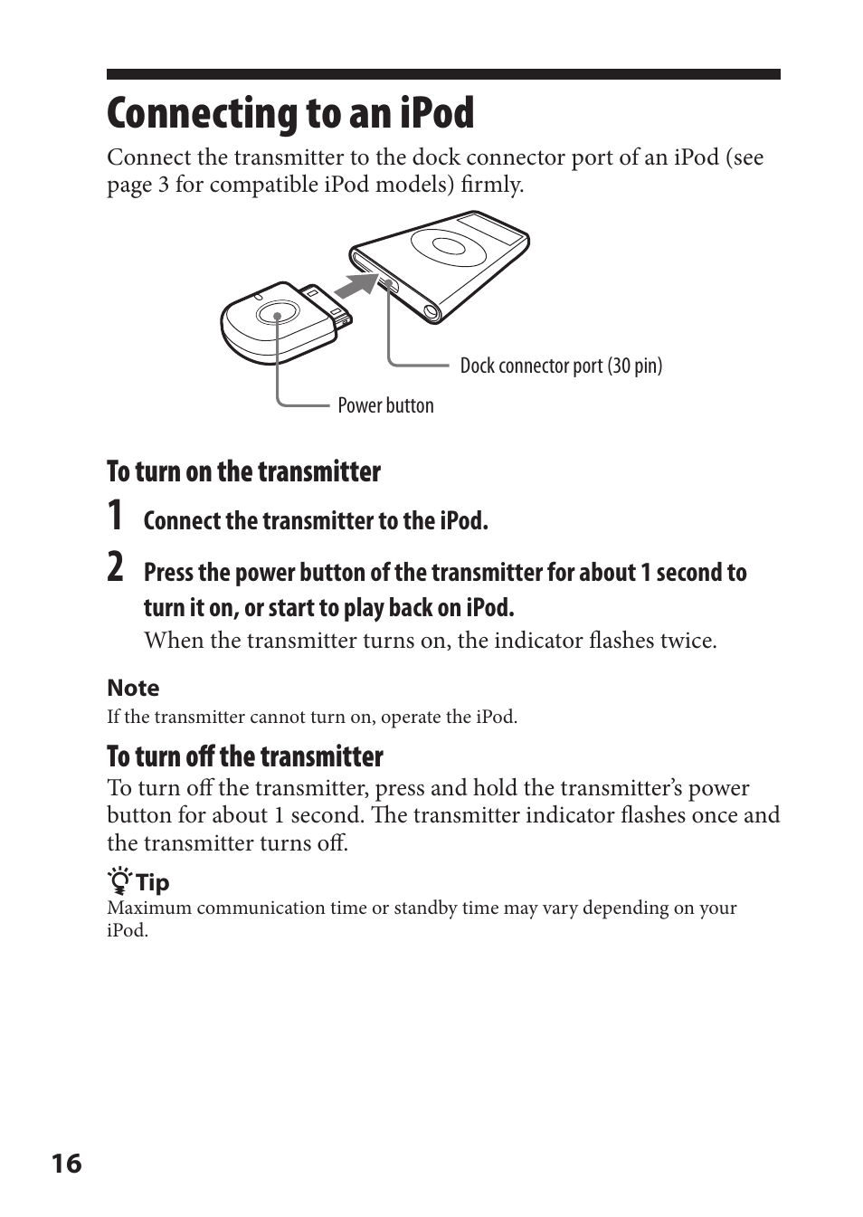 Connecting to an ipod | Sony DR-BT22iK User Manual | Page 16 / 44