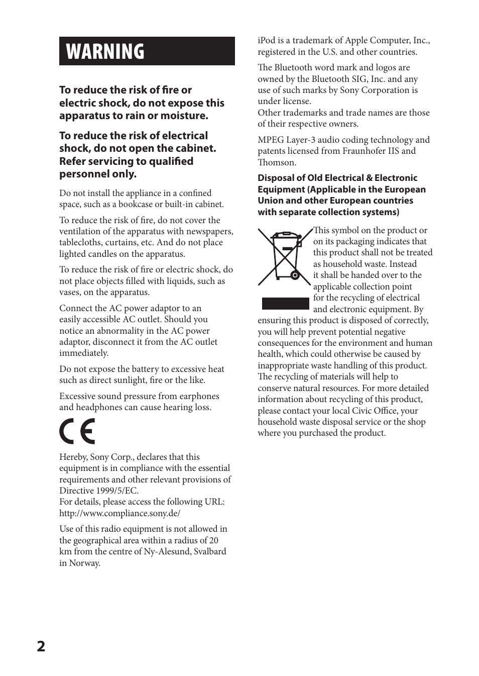 Warning | Sony DR-BT22iK User Manual | Page 2 / 44