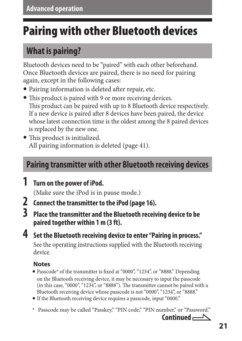 Advanced operation, Pairing with other bluetooth devices, What is pairing | Pairing with other bluetooth, Devices, Pairing transmitter with other, Bluetooth receiving | Sony DR-BT22iK User Manual | Page 21 / 44