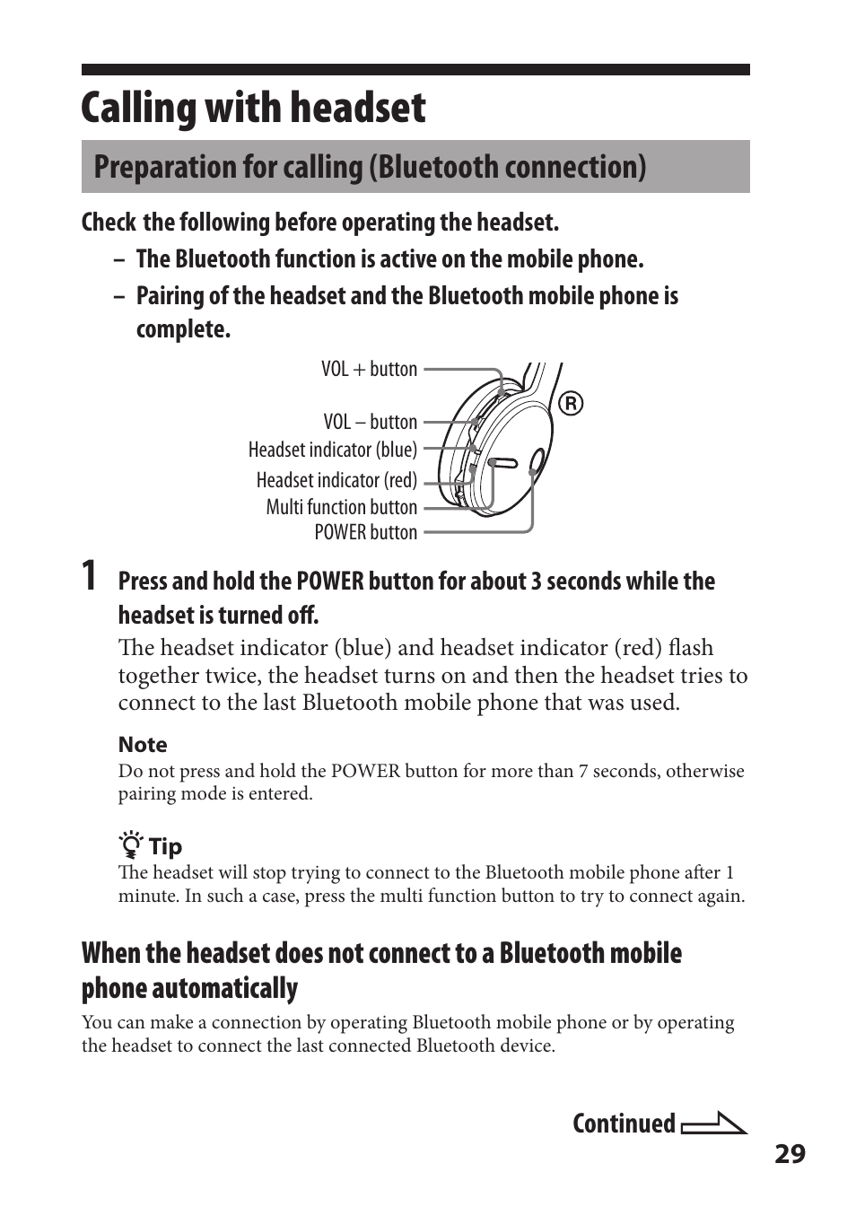Calling with headset, Preparation for calling (bluetooth connection), Preparation for calling | Bluetooth connection) | Sony DR-BT22iK User Manual | Page 29 / 44