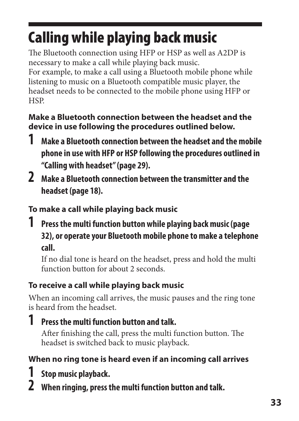Calling while playing back music, Calling while playing back, Music | Sony DR-BT22iK User Manual | Page 33 / 44