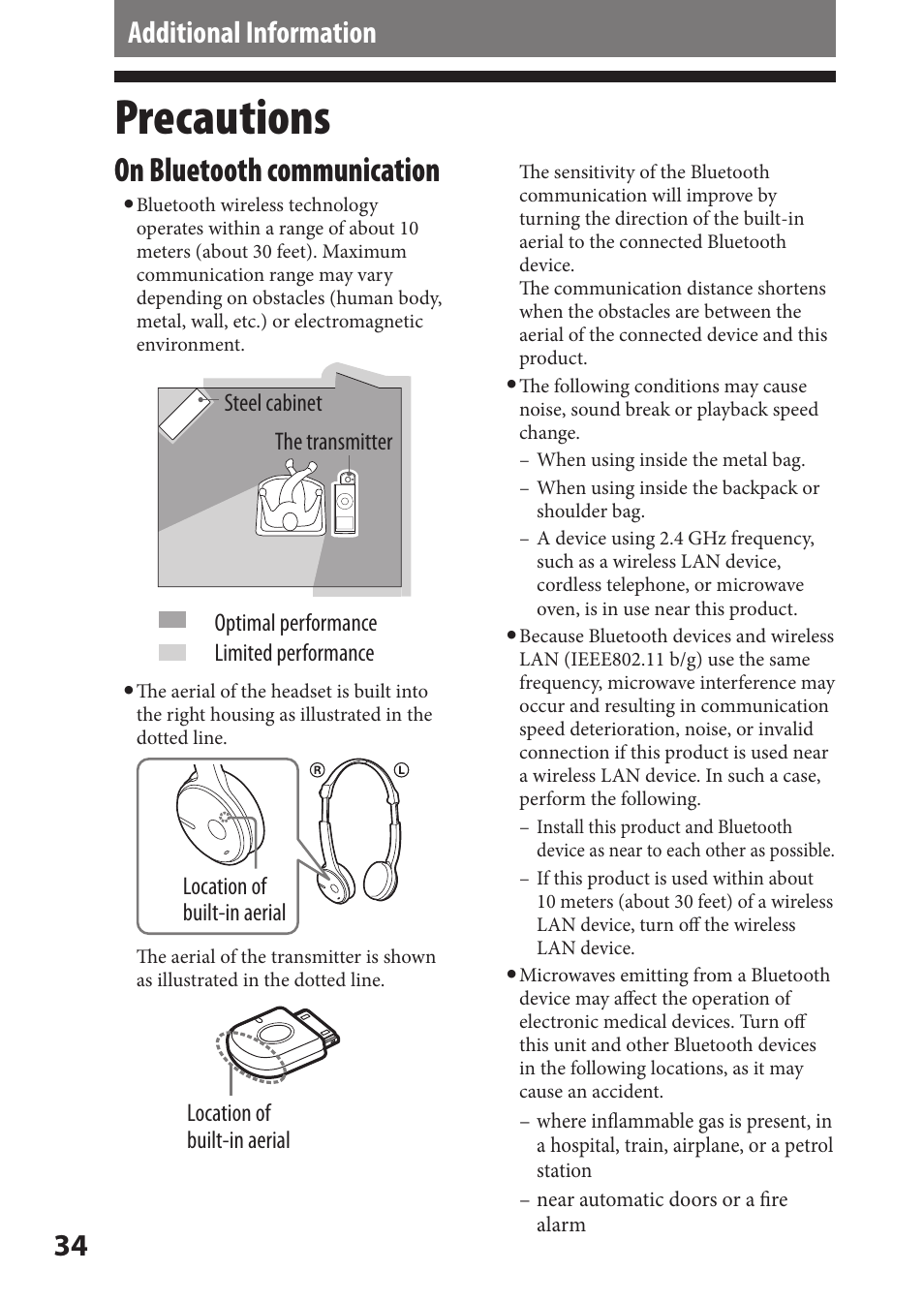 Additional information, Precautions, On bluetooth communication | Sony DR-BT22iK User Manual | Page 34 / 44