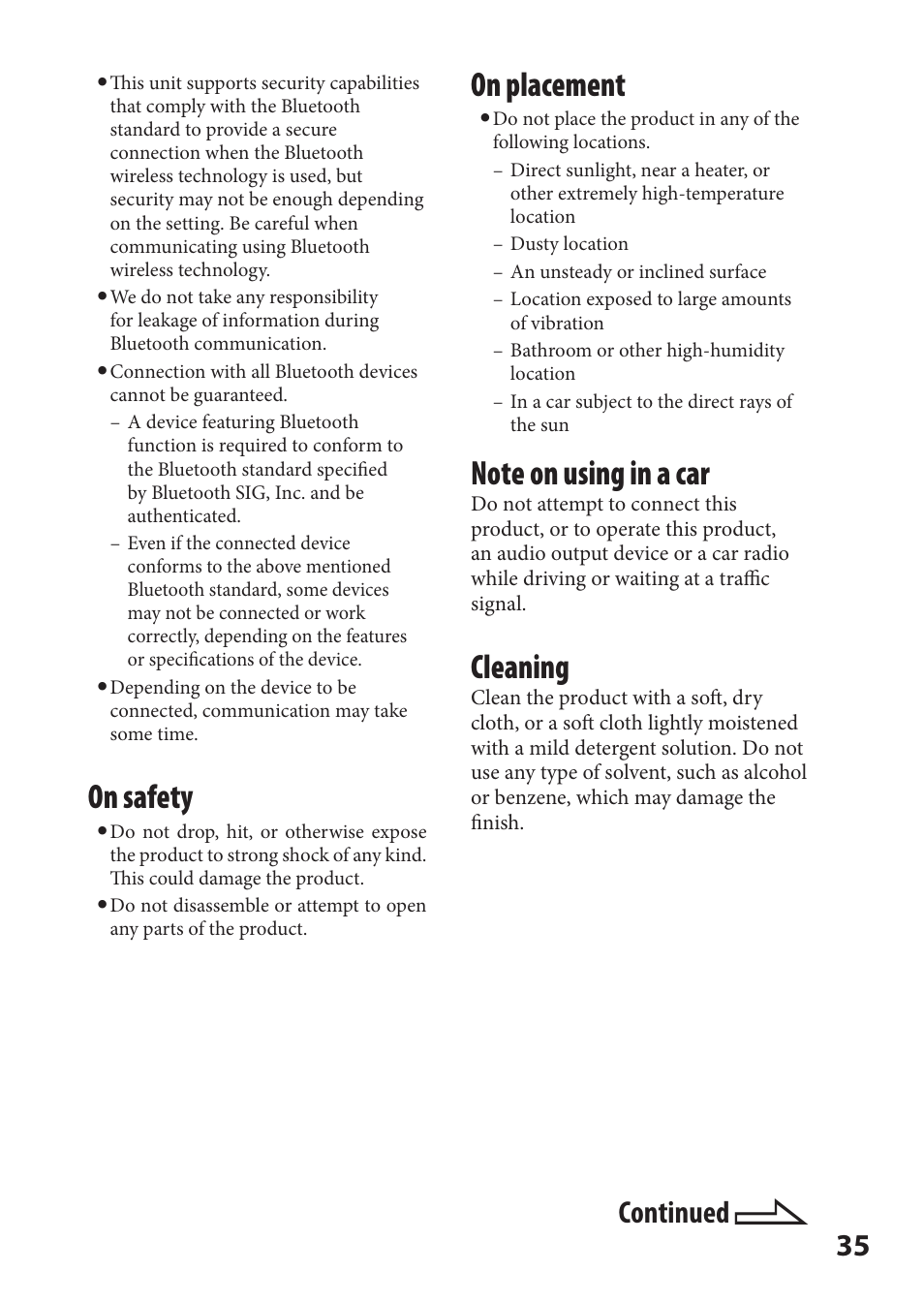 On placement, Cleaning, On safety | Continued | Sony DR-BT22iK User Manual | Page 35 / 44