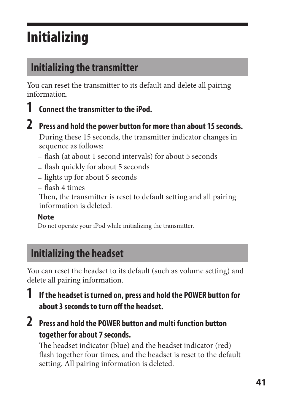 Initializing, Initializing the transmitter, Initializing the headset | Sony DR-BT22iK User Manual | Page 41 / 44