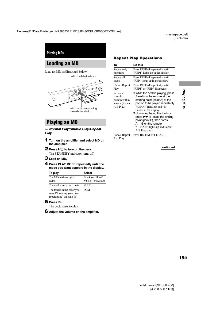Playing mds, Loading an md, Playing an md | Normal play/shuffle play/repeat play, Repeat play operations, Loading an md playing an md | Sony MDS-JE480 User Manual | Page 15 / 31