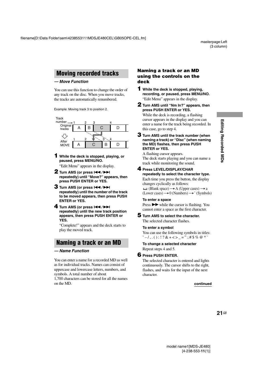 Moving recorded tracks, Move function, Naming a track or an md | Name function | Sony MDS-JE480 User Manual | Page 21 / 31