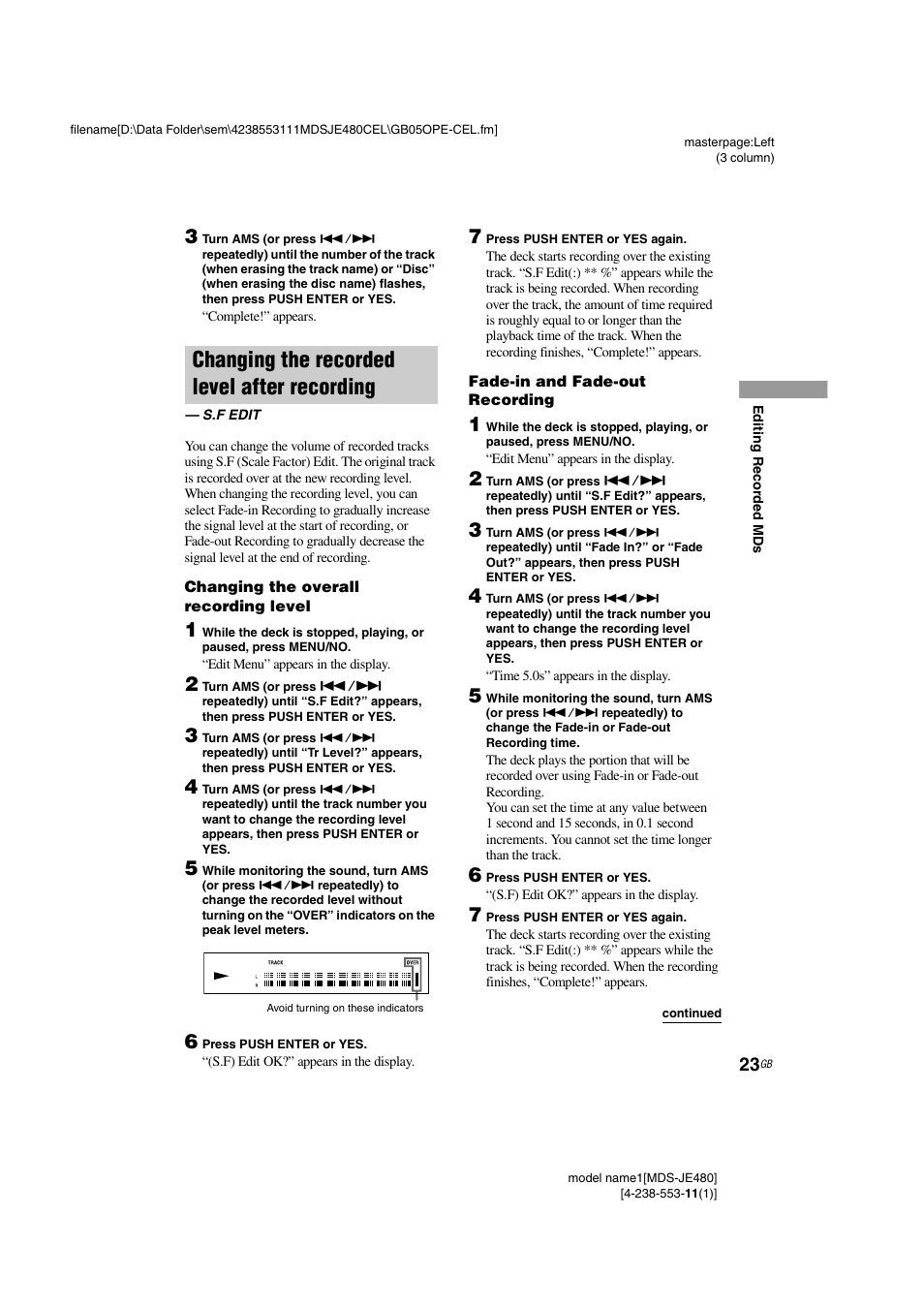 Changing the recorded level after recording, S.fedit, Changing the overall recording level | Fade-in and fade-out recording, Changing the recorded level after, Recording — s.f edit | Sony MDS-JE480 User Manual | Page 23 / 31