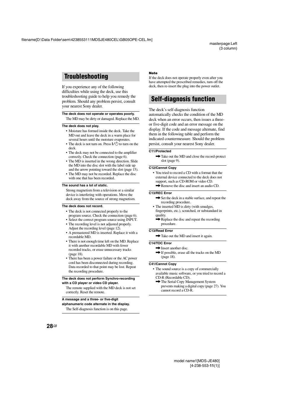 Troubleshooting, Self-diagnosis function, Troubleshooting self-diagnosis function | Sony MDS-JE480 User Manual | Page 28 / 31
