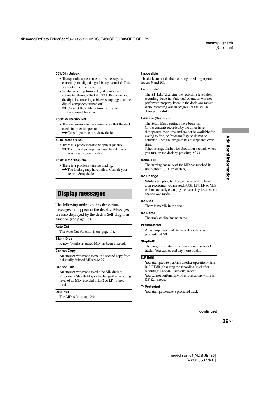 Display messages | Sony MDS-JE480 User Manual | Page 29 / 31