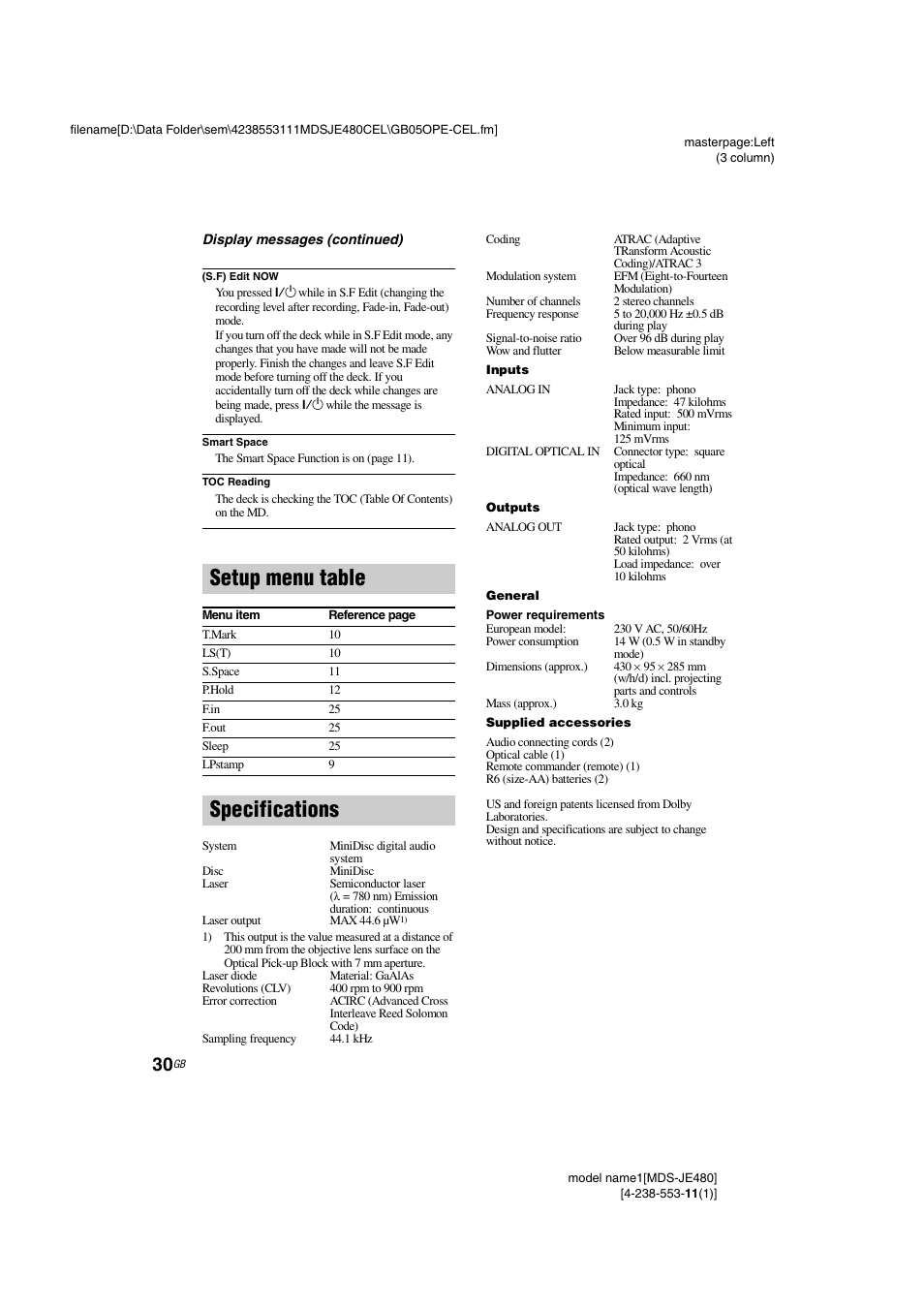 Setup menu table, Specifications | Sony MDS-JE480 User Manual | Page 30 / 31