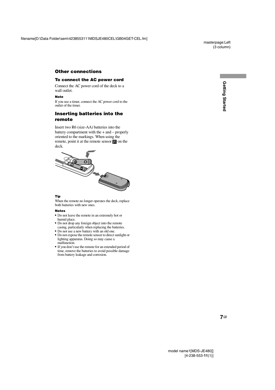 Other connections, Inserting batteries into the remote | Sony MDS-JE480 User Manual | Page 7 / 31