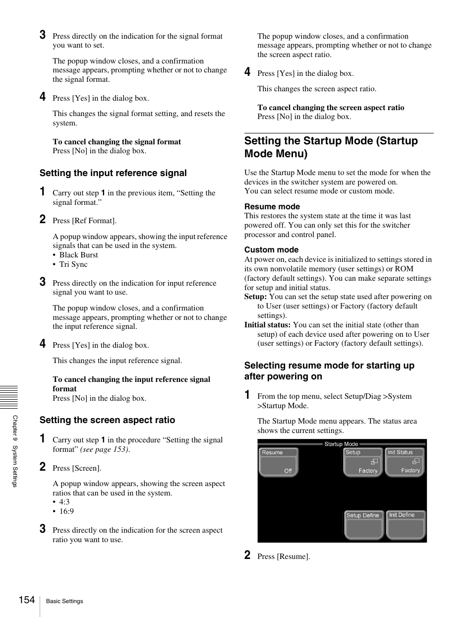 Setting the startup mode (startup mode menu), Setting the startup mode (startup mode, Menu) | Sony MKS-2010 User Manual | Page 154 / 200