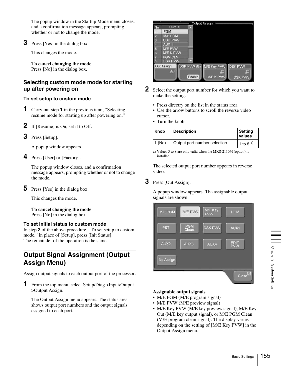 Output signal assignment (output assign menu), Output signal assignment (output assign, Menu) | Sony MKS-2010 User Manual | Page 155 / 200