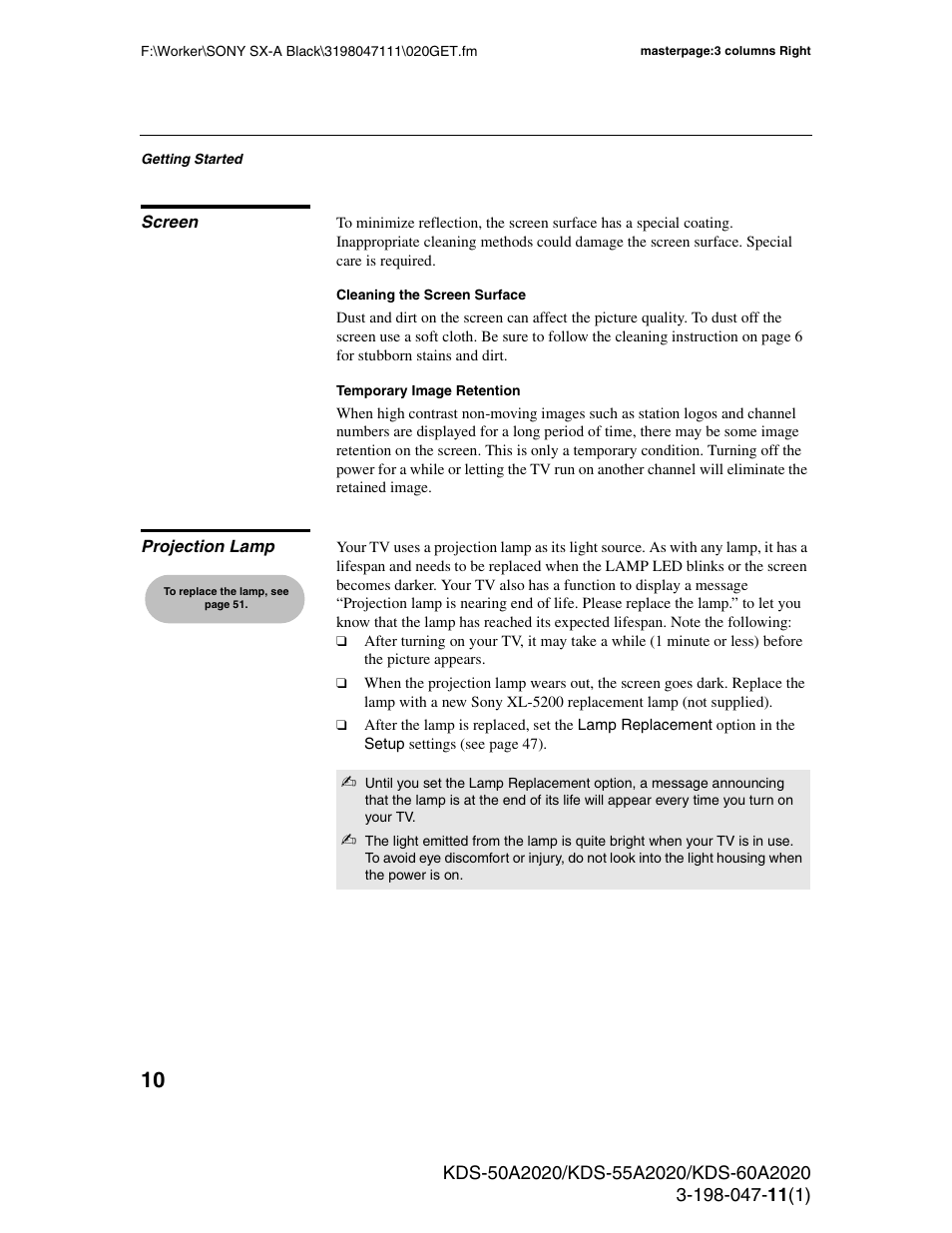 Screen, Projection lamp, Screen projection lamp | Sony KDS-55A2020 User Manual | Page 10 / 67