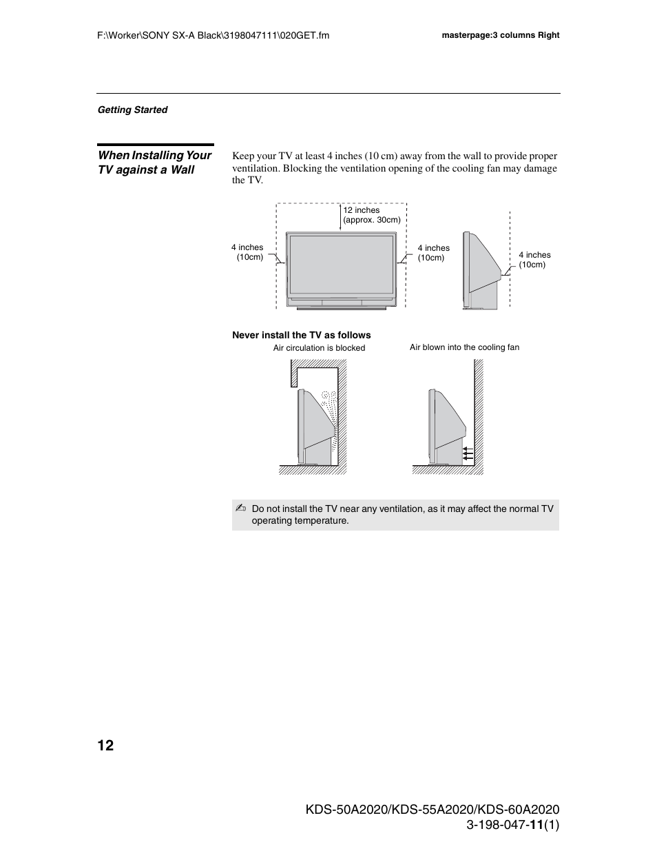 When installing your tv against a wall | Sony KDS-55A2020 User Manual | Page 12 / 67