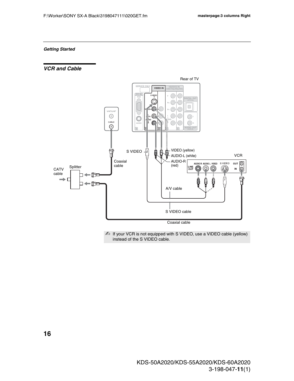 Vcr and cable, Getting started, Masterpage:3 columns right | Sony KDS-55A2020 User Manual | Page 16 / 67