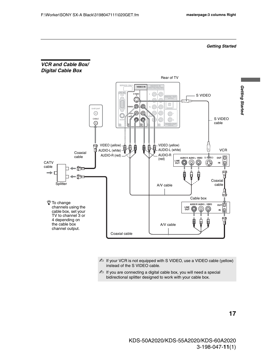 Vcr and cable box/ digital cable box, Vcr and cable box/digital cable box, Getting started | Ge tting started | Sony KDS-55A2020 User Manual | Page 17 / 67