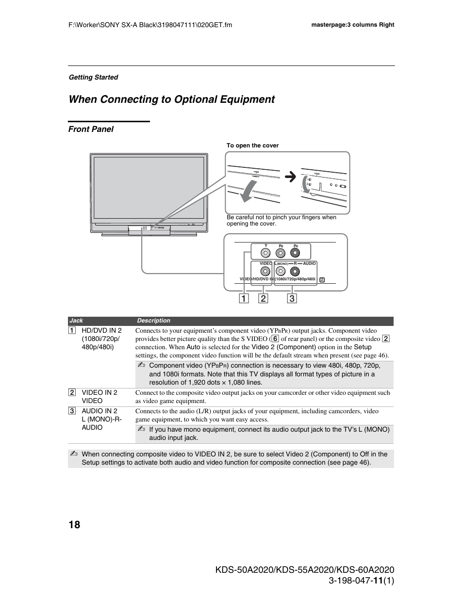 When connecting to optional equipment, Front panel | Sony KDS-55A2020 User Manual | Page 18 / 67