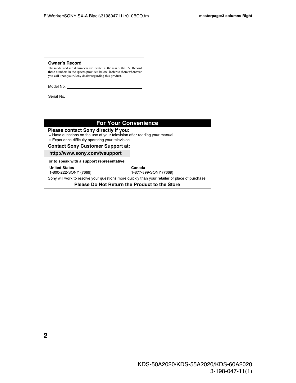 For your convenience | Sony KDS-55A2020 User Manual | Page 2 / 67