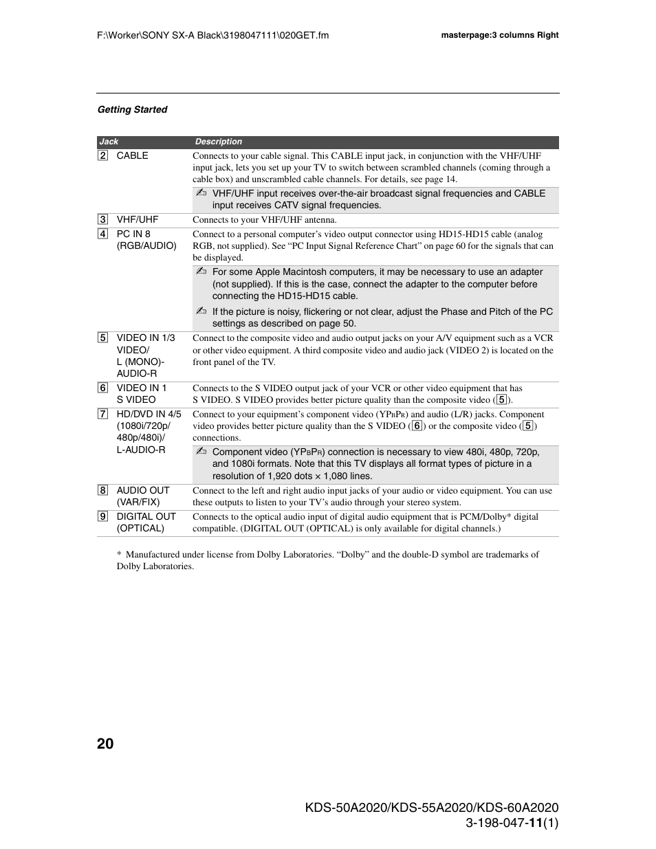 Sony KDS-55A2020 User Manual | Page 20 / 67