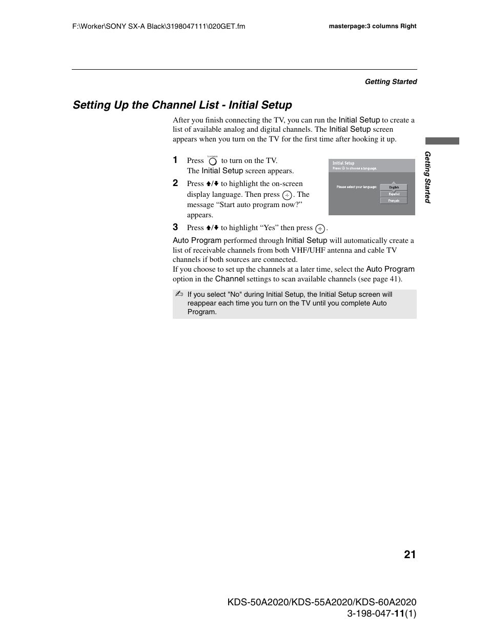 Setting up the channel list - initial setup | Sony KDS-55A2020 User Manual | Page 21 / 67