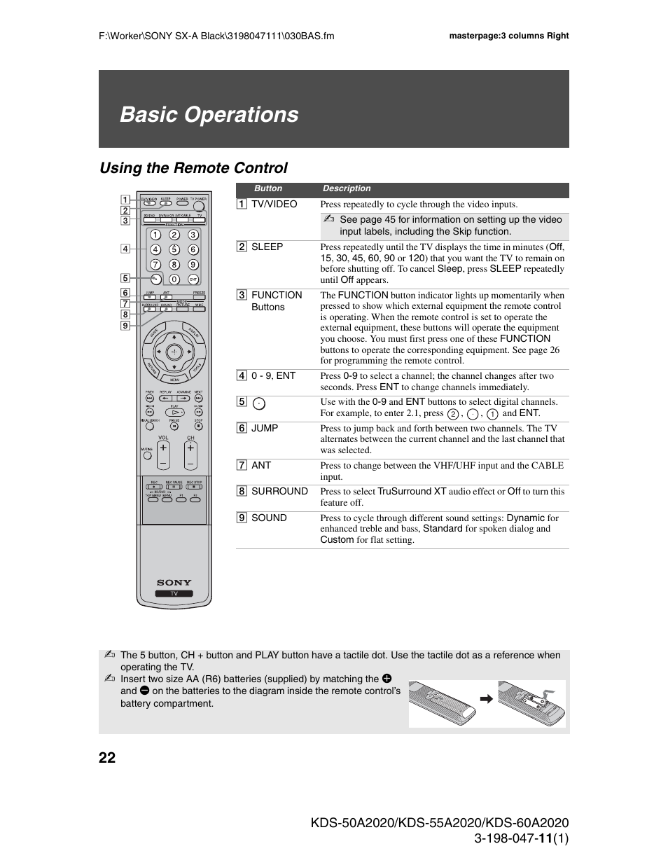 Basic operations, Using the remote control | Sony KDS-55A2020 User Manual | Page 22 / 67