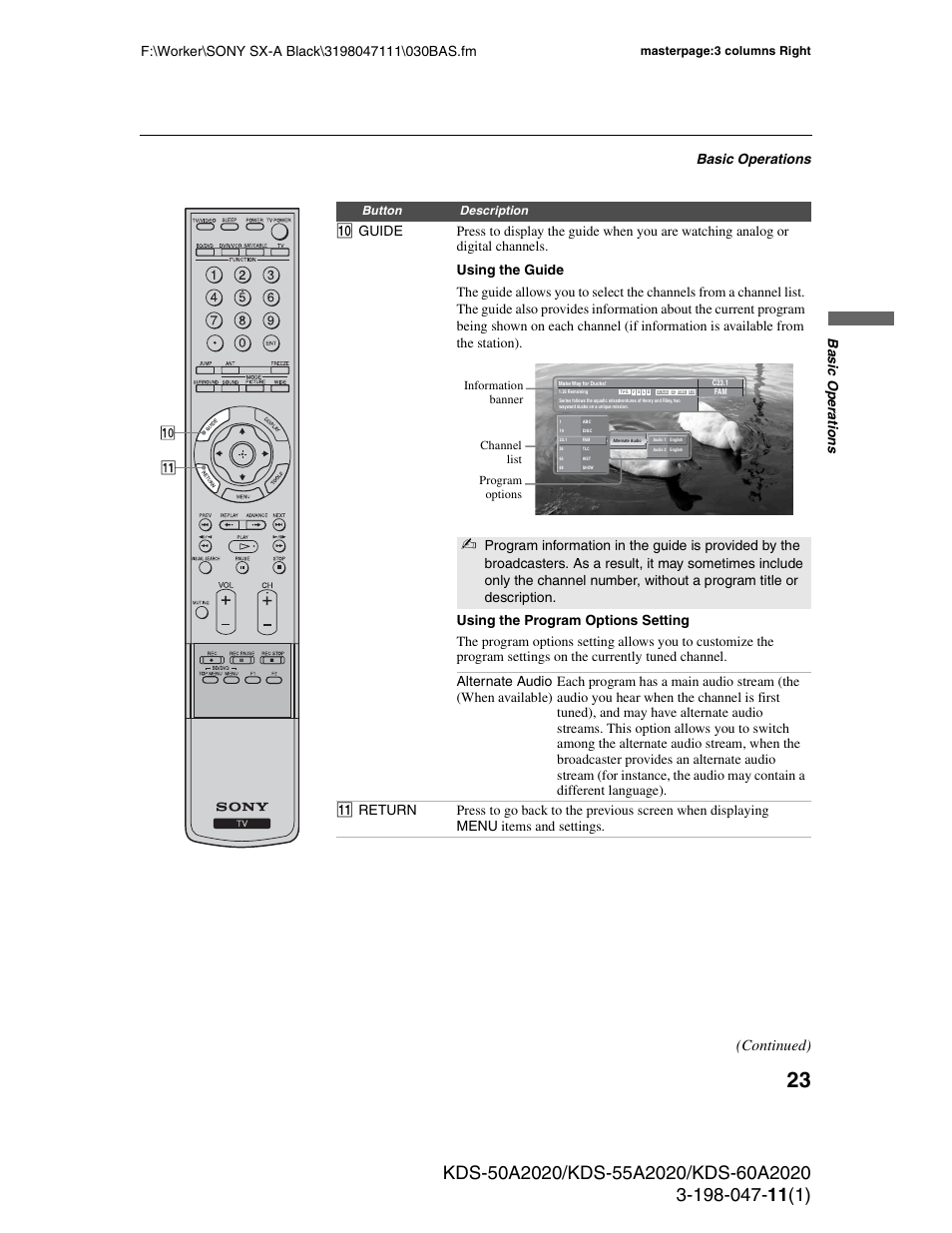 Continued), Basic operations, Ba sic op er atio ns | Sony KDS-55A2020 User Manual | Page 23 / 67