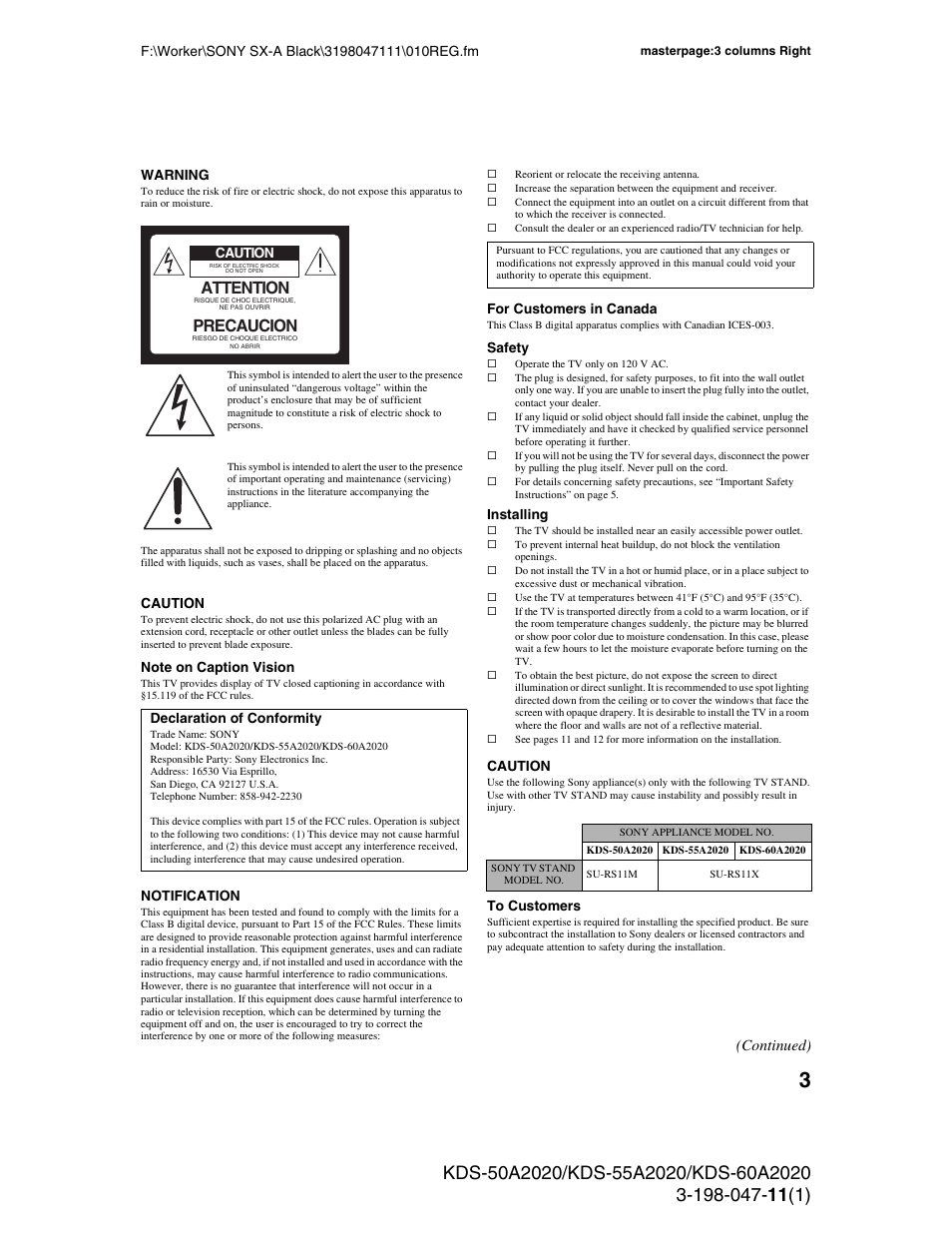 Attention, Precaucion, Continued) | Sony KDS-55A2020 User Manual | Page 3 / 67