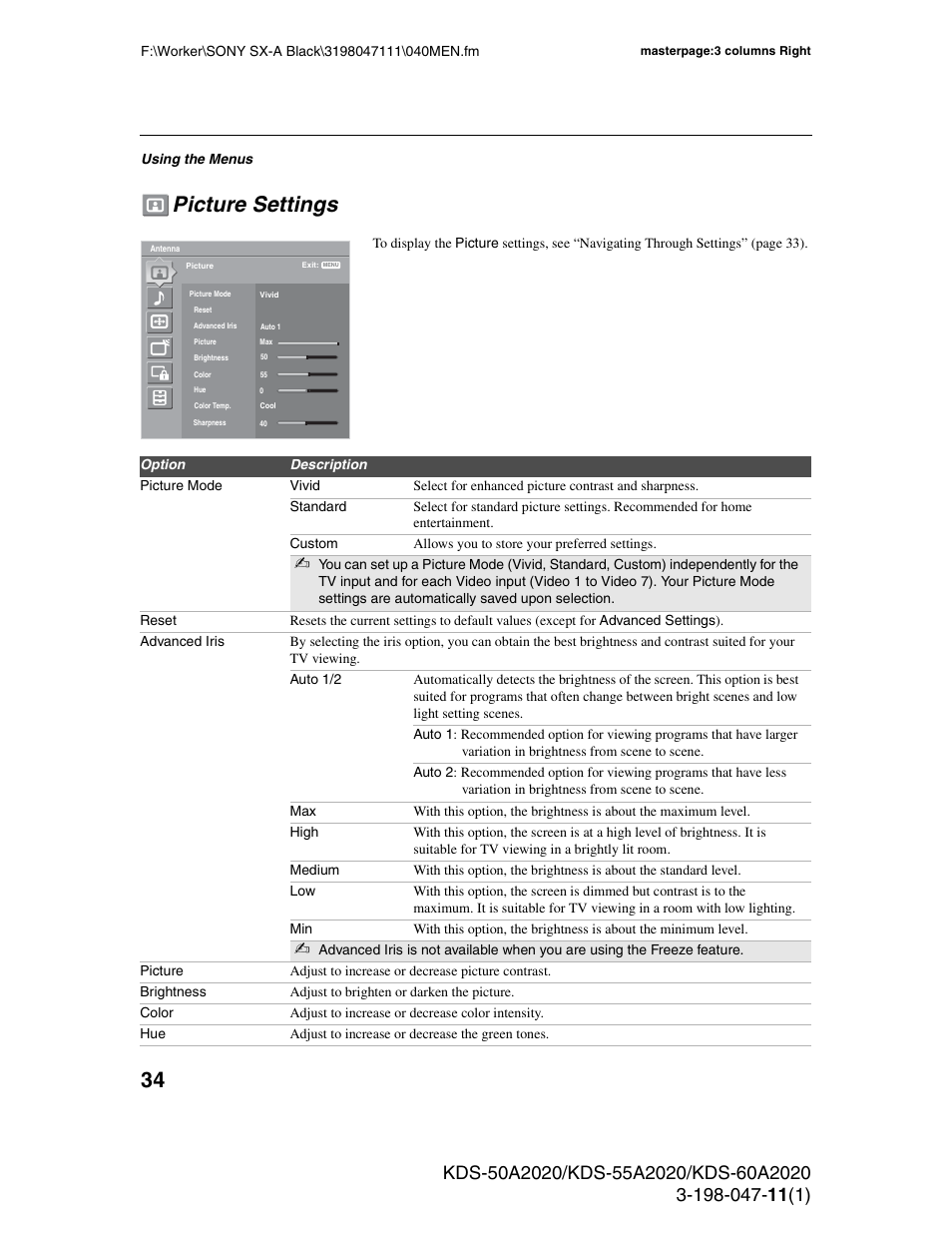 Picture settings | Sony KDS-55A2020 User Manual | Page 34 / 67