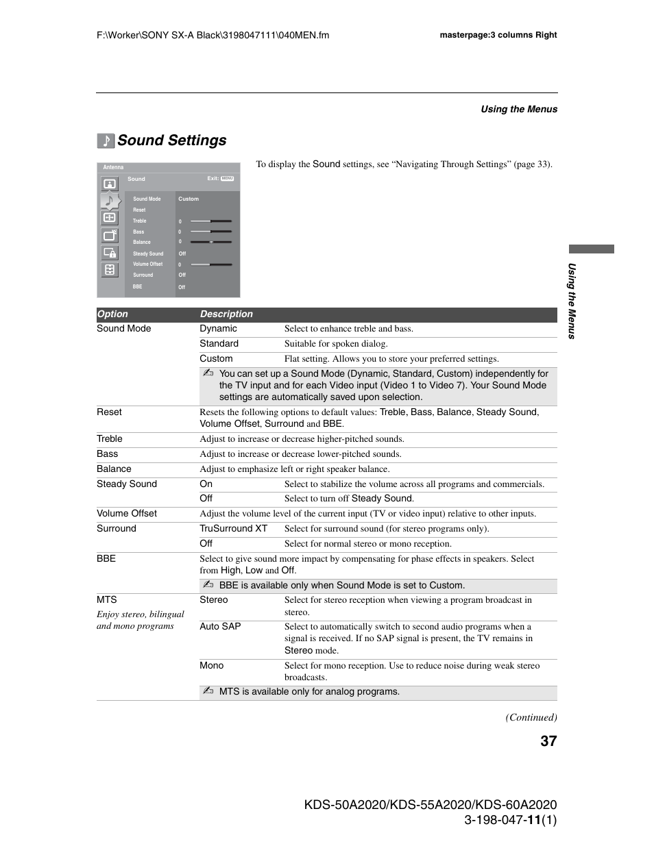 Sound settings | Sony KDS-55A2020 User Manual | Page 37 / 67