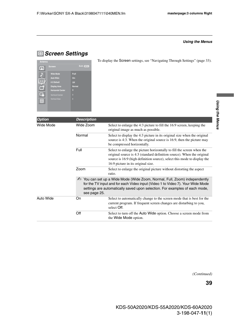 Screen settings | Sony KDS-55A2020 User Manual | Page 39 / 67