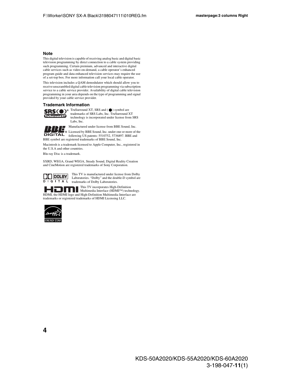 Sony KDS-55A2020 User Manual | Page 4 / 67