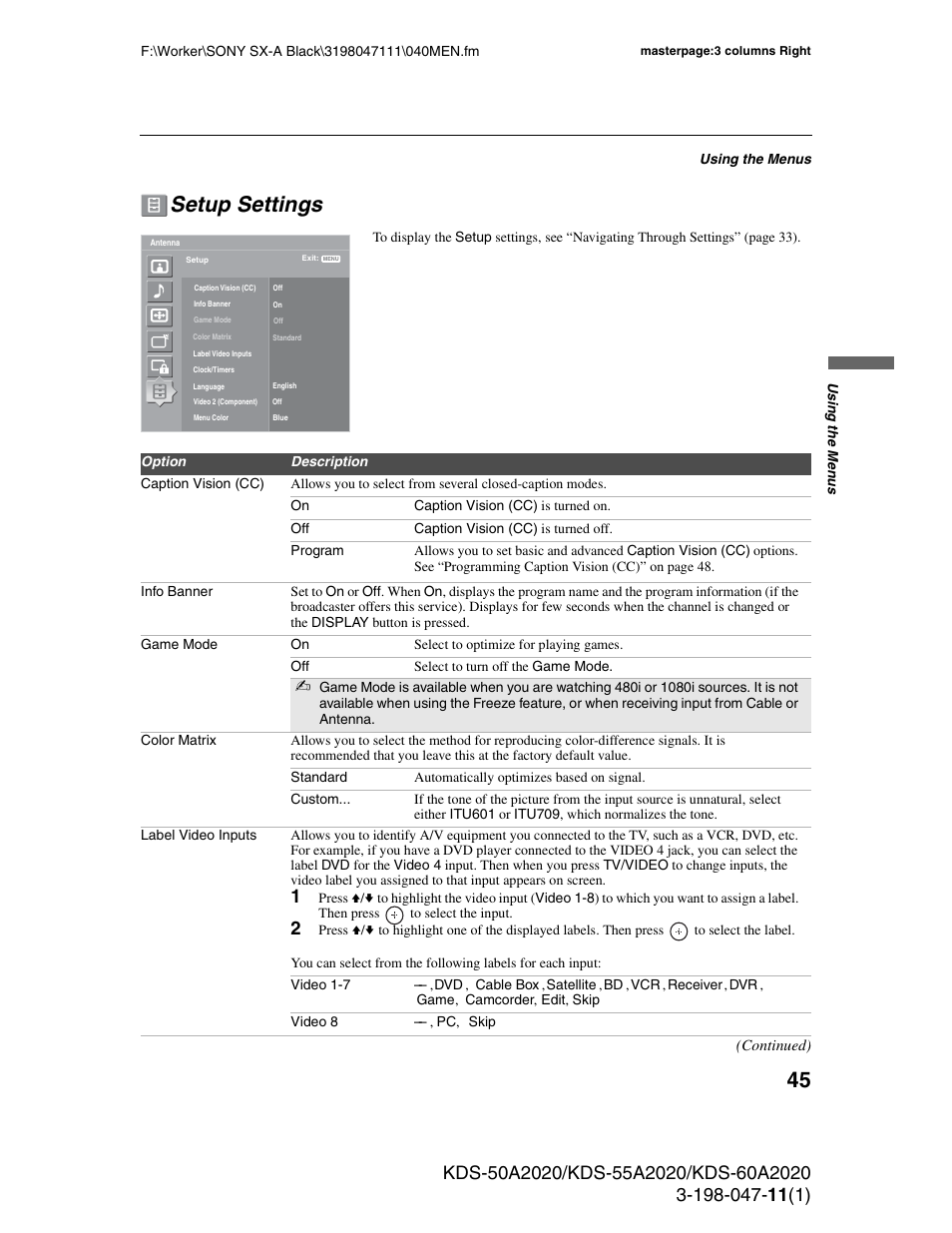 Setup settings | Sony KDS-55A2020 User Manual | Page 45 / 67