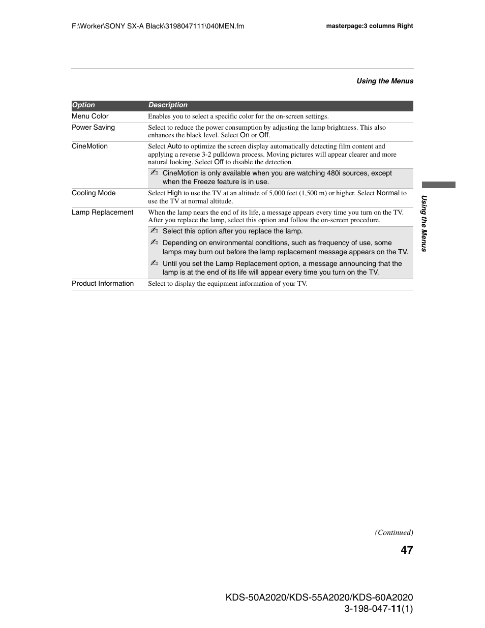 Sony KDS-55A2020 User Manual | Page 47 / 67