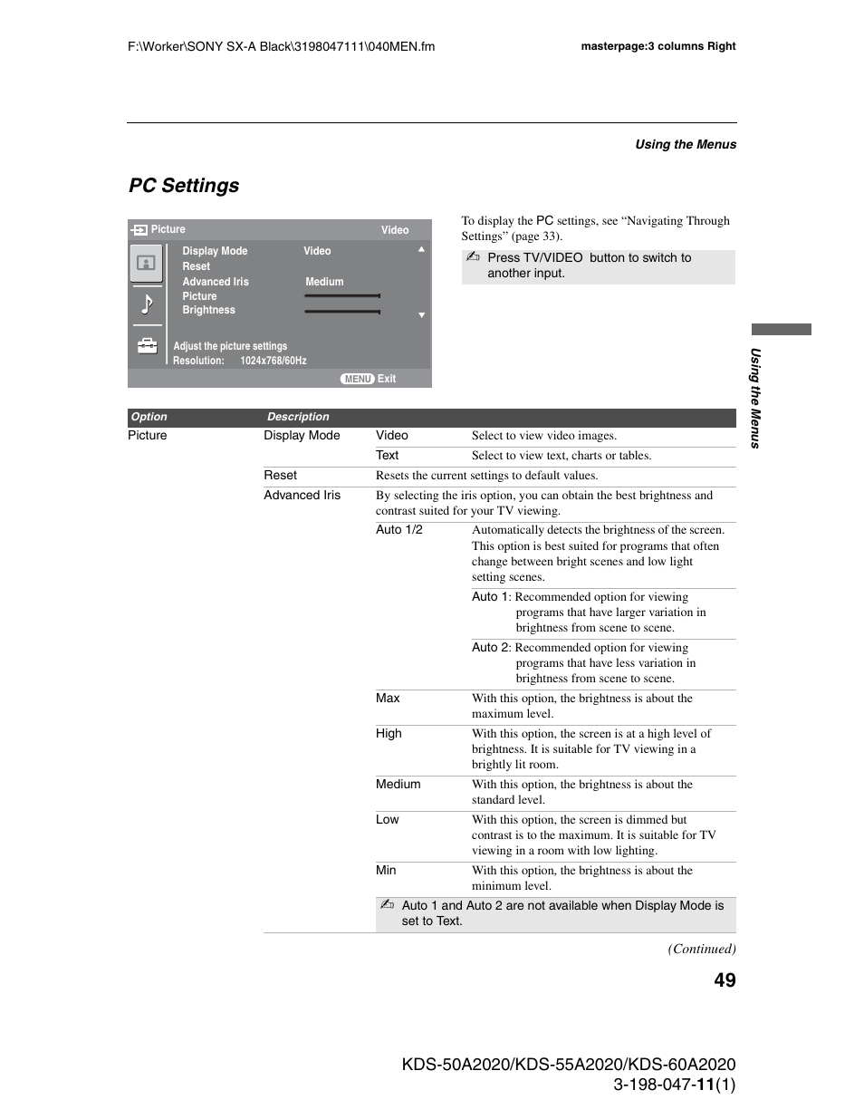 Pc settings | Sony KDS-55A2020 User Manual | Page 49 / 67