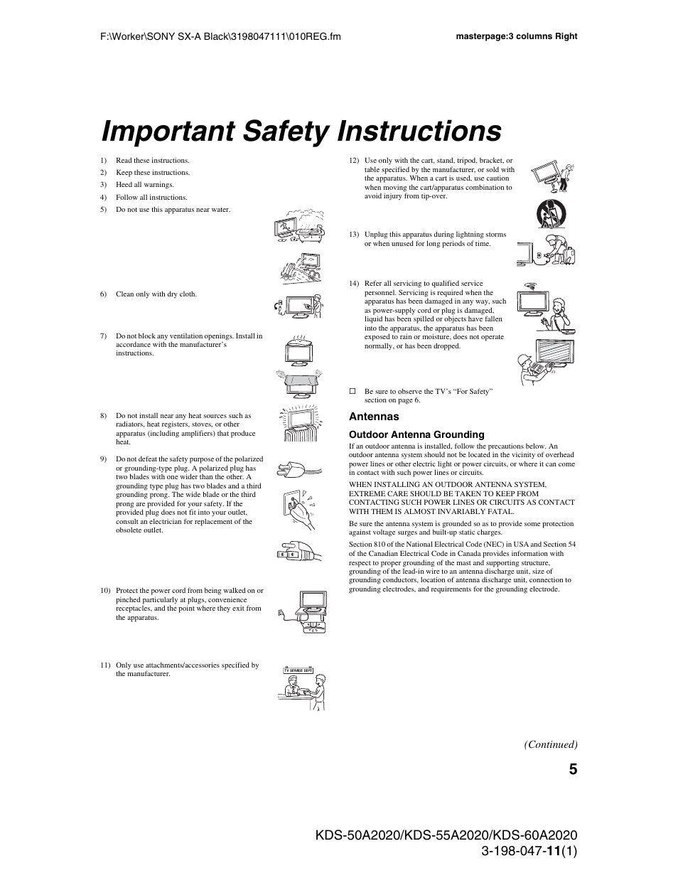 Important safety instructions | Sony KDS-55A2020 User Manual | Page 5 / 67