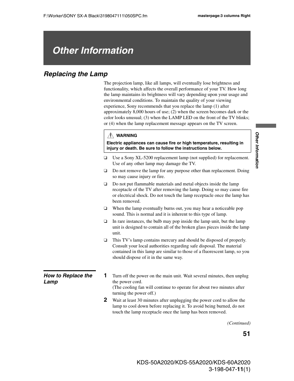 Other information, Replacing the lamp, How to replace the lamp | Sony KDS-55A2020 User Manual | Page 51 / 67