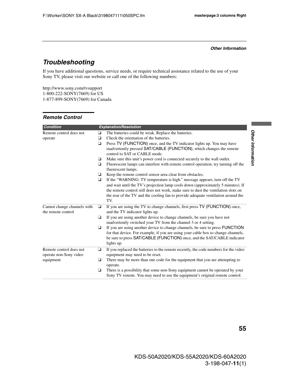 Troubleshooting, Remote control | Sony KDS-55A2020 User Manual | Page 55 / 67