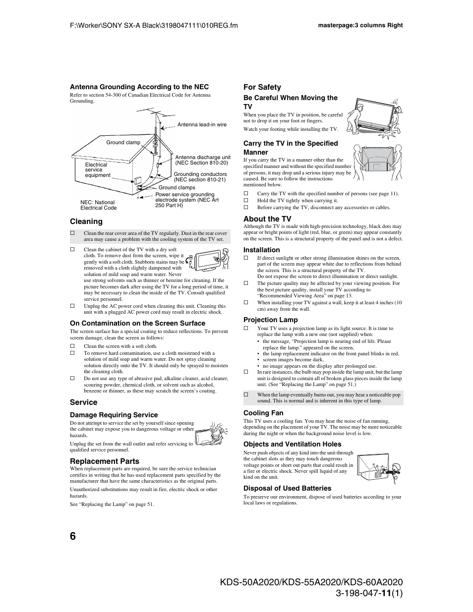 Cleaning, Service, Replacement parts | For safety, About the tv | Sony KDS-55A2020 User Manual | Page 6 / 67