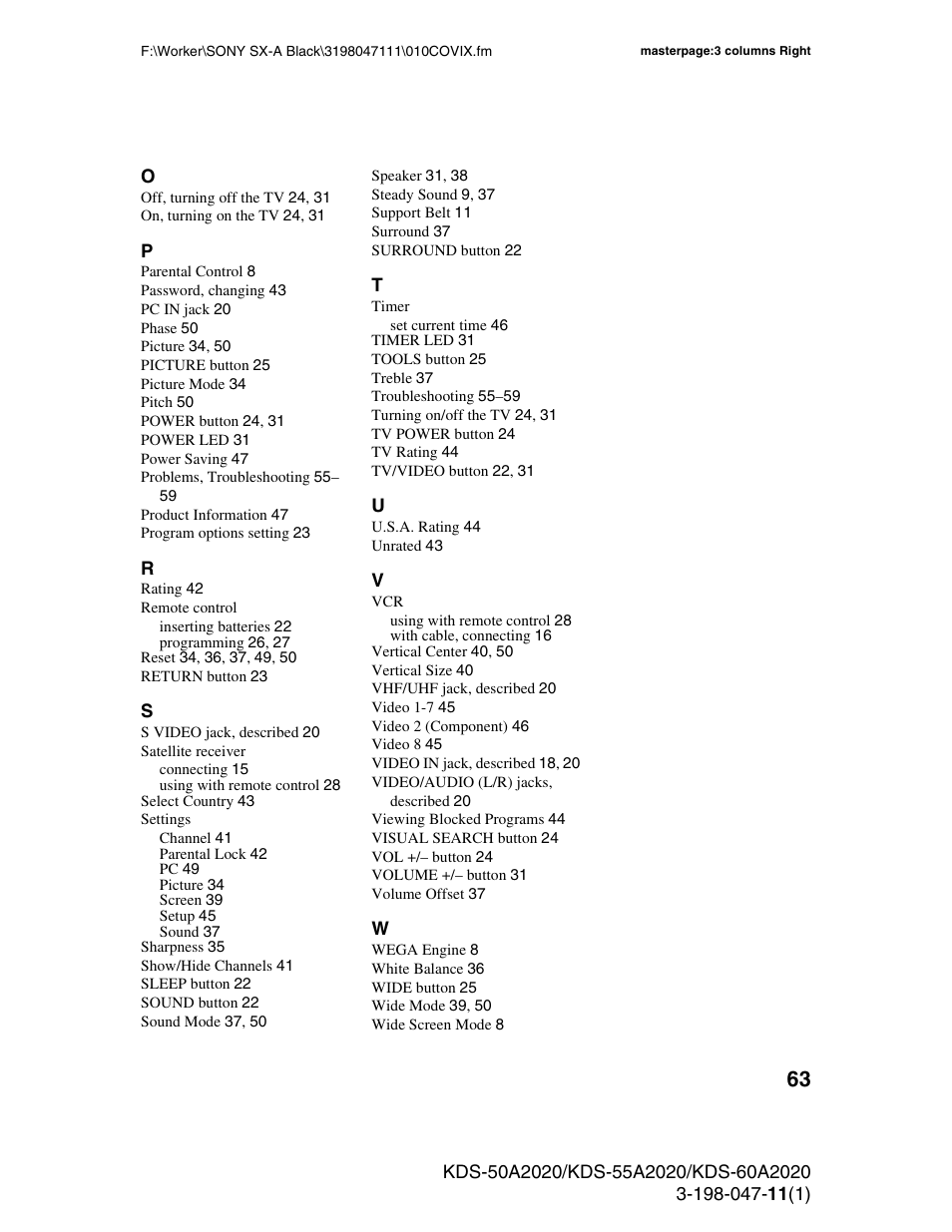 Sony KDS-55A2020 User Manual | Page 63 / 67