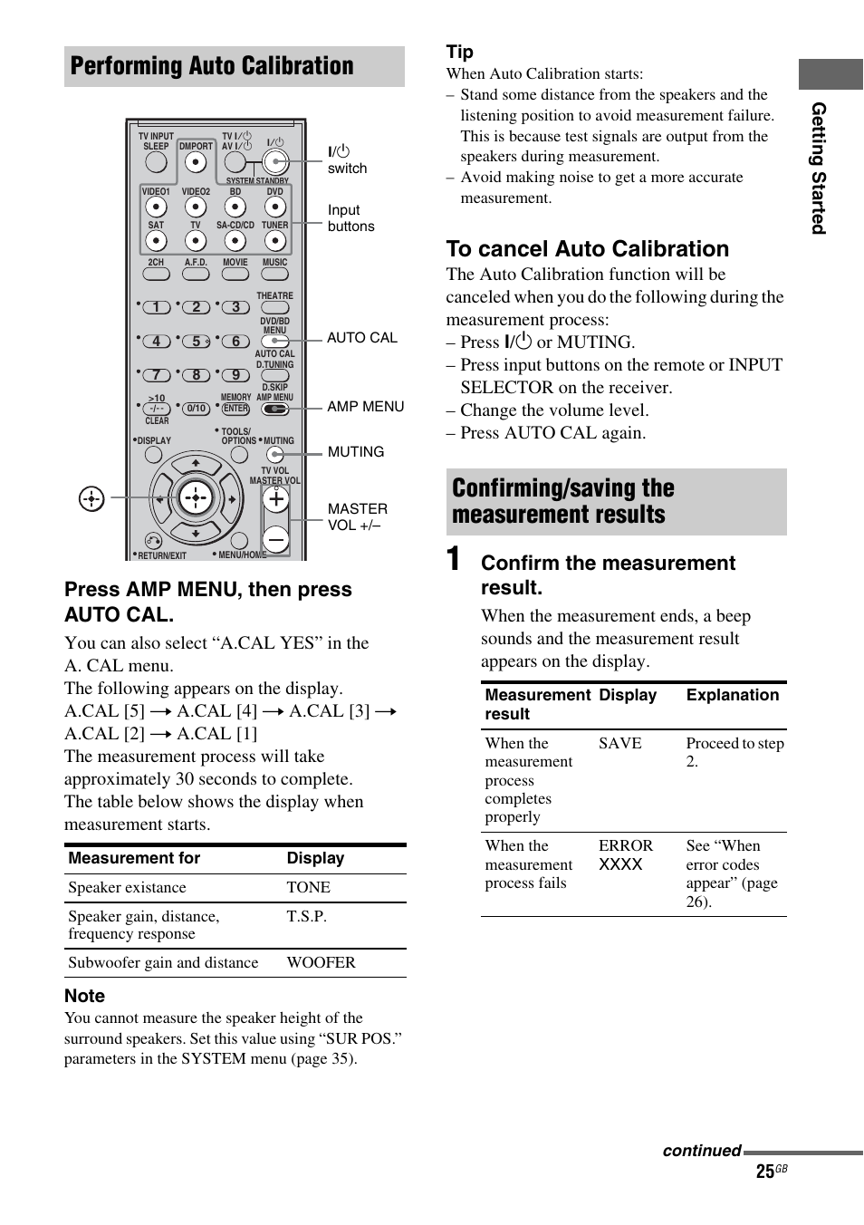 Performing auto calibration, Confirming/saving the measurement results, Press amp menu, then press auto cal | Confirm the measurement result, Getting star ted | Sony 3-295-946-12(1) User Manual | Page 25 / 72
