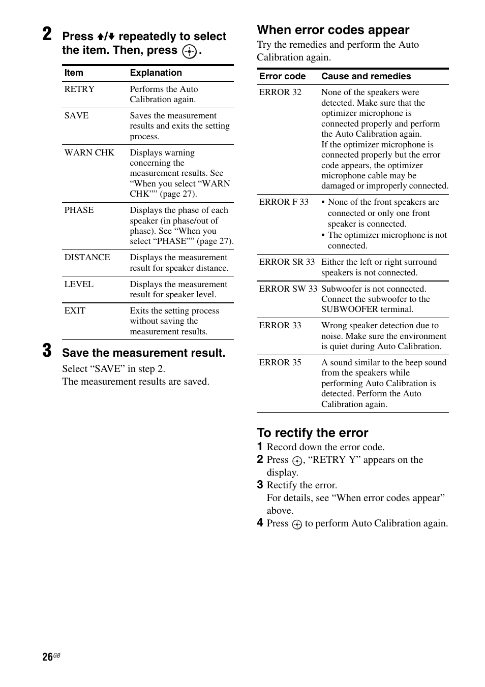 When error codes appear | Sony 3-295-946-12(1) User Manual | Page 26 / 72