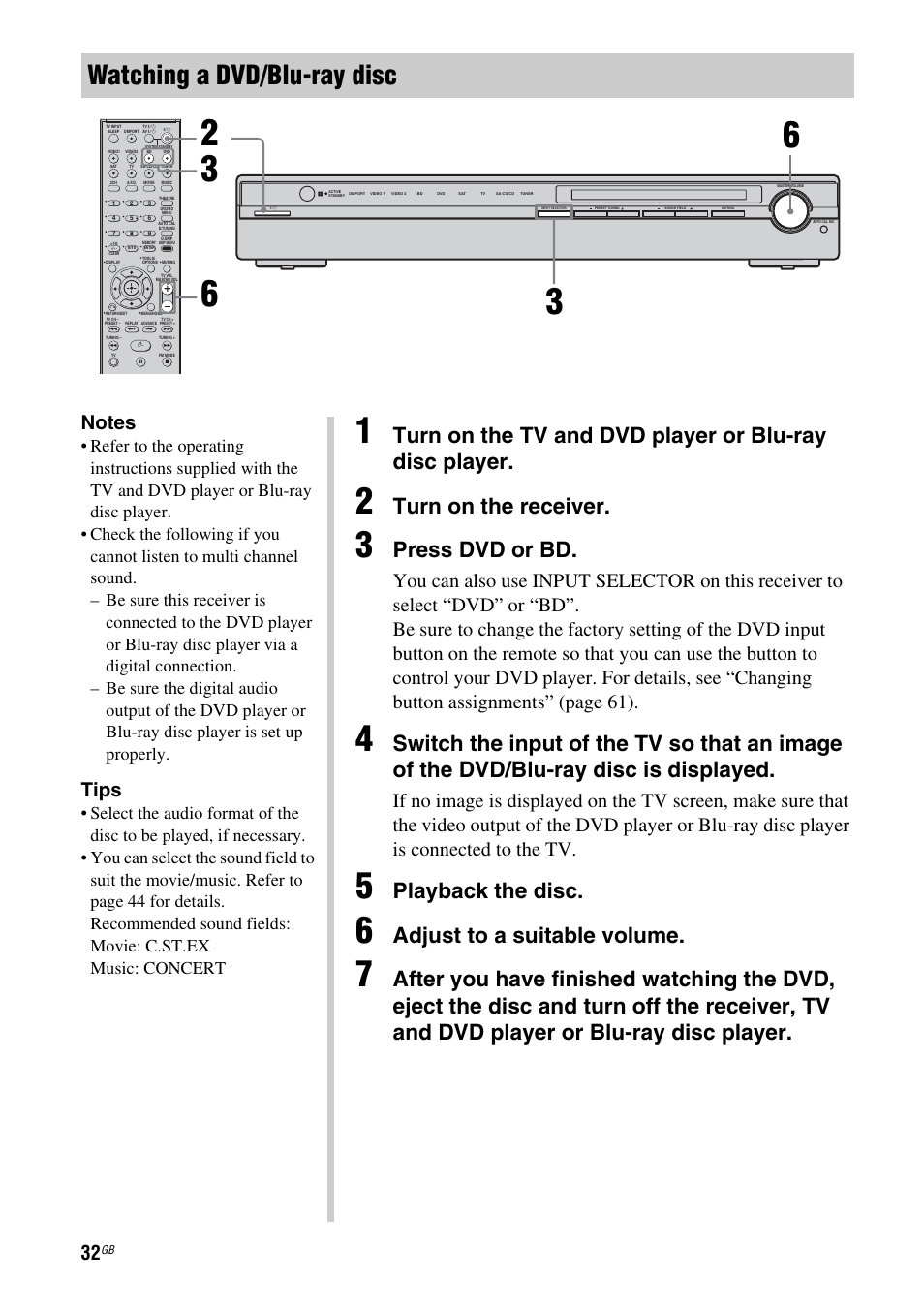 Watching a dvd/blu-ray disc, Turn on the receiver, Press dvd or bd | Playback the disc, Adjust to a suitable volume, Tips | Sony 3-295-946-12(1) User Manual | Page 32 / 72